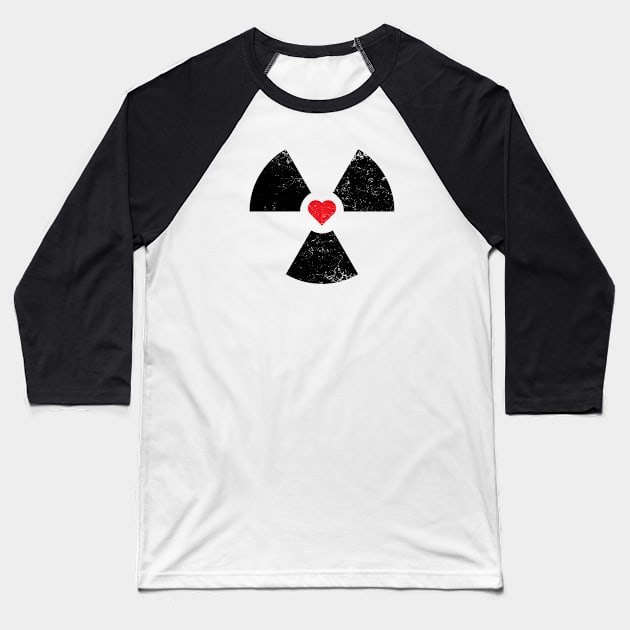 Radioactive Sign Radiation Symbol Nuclear Hazard Heart Baseball T-Shirt by Decamega